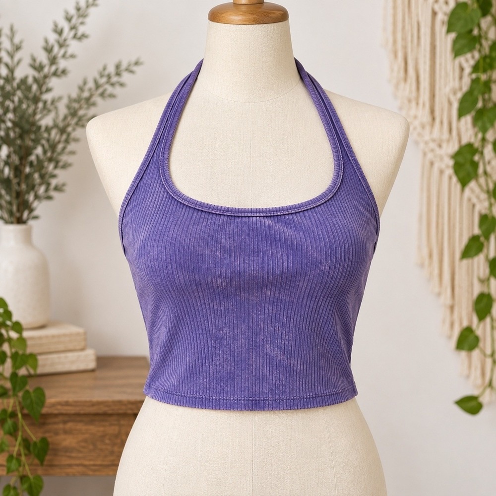 Wild Fable Purple Acid Wash Ribbed Halter Crop Top XXS